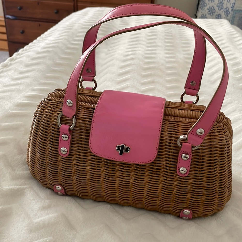 Monsac Wicker Purse with Pink Leather Trim